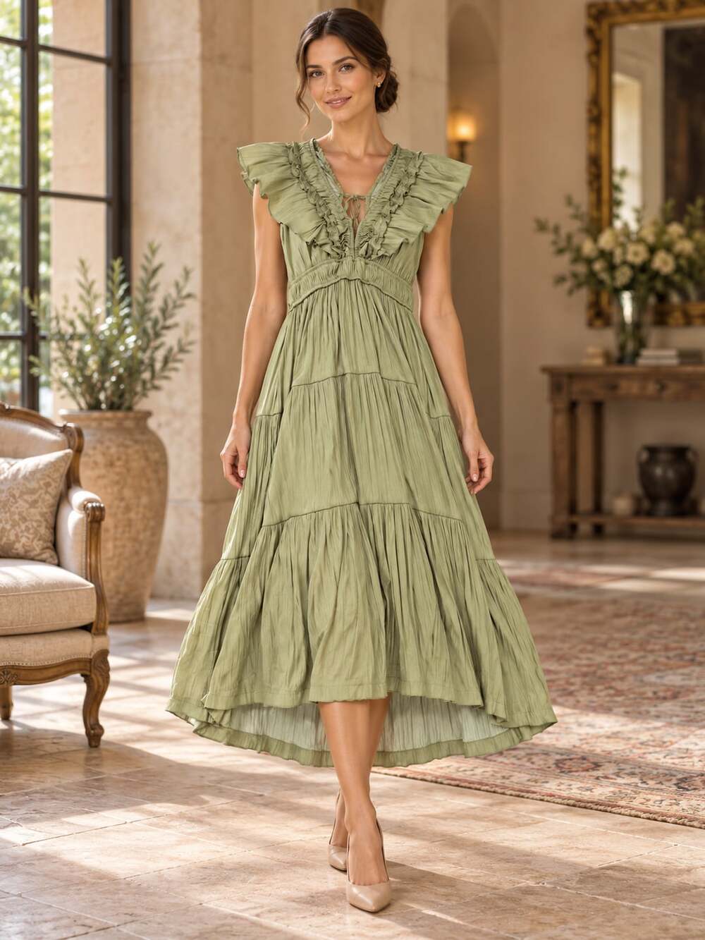 Tahari Green Ruffle Tiered Midi Dress Pleated V Neck Flutter Sleeve M